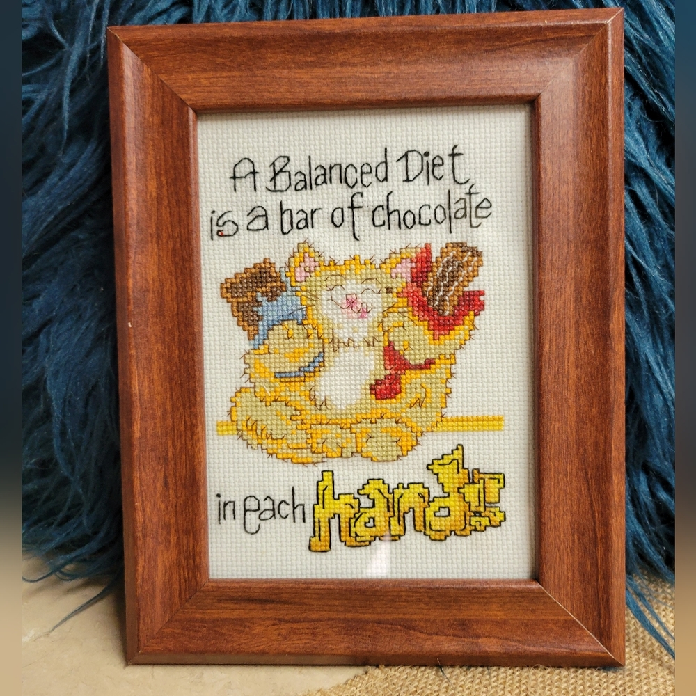 Vintage Hand done cross stitch framed 4×6 frame cat and chocolate